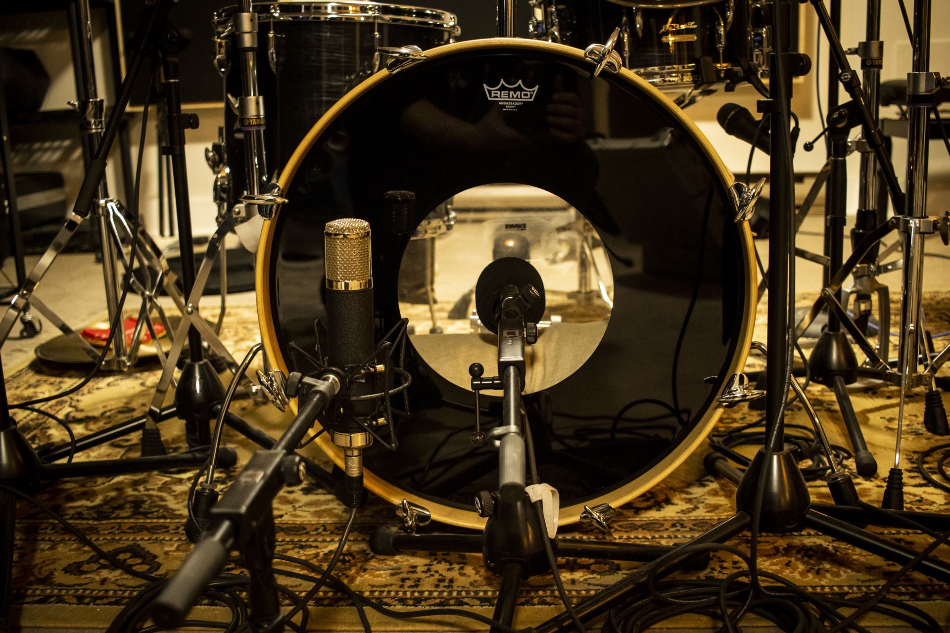 A drumset kick from close up with microphones pointed in the middle.